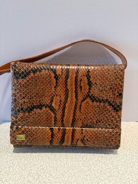 Handcrafted Brown Python Snake Leather Shoulder Bag 7x6”.